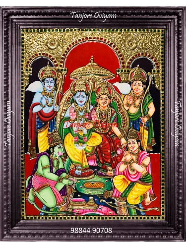 Authentic Tanjore Ram Dharbar Style painting Rama Sita Lakshmana Hanuman court scene gold foil artwork